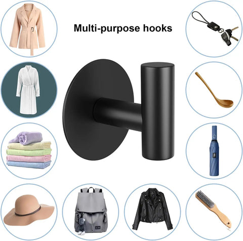 Self-Adhesive Rust-Resistant Stainless Steel Coat Hooks Heavy-Duty No-Drill Wall Hangers for Towels Robes Coats Hats Black 2 Pack Ideal for Bathrooms Kitchens and Hotels shown with various items