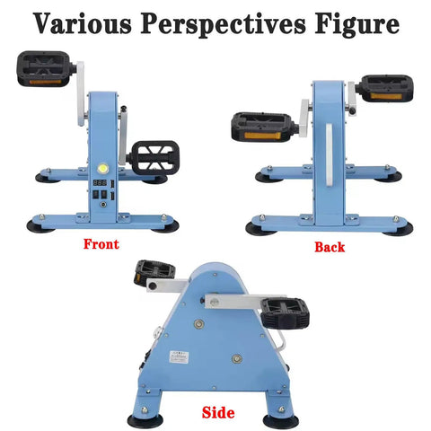 Front, back, and side views of the 100W Portable Foot Pedal Generator With Hand Crank DC 1 To 35V Emergency Power Supply