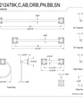 Technical diagram of Monarch 5 Piece Bath Accessory Set in Matte Black with 18 Inch and 24 Inch Towel Bars Towel Ring Robe Hook and Toilet Paper Holder for Classic Traditional Bathrooms