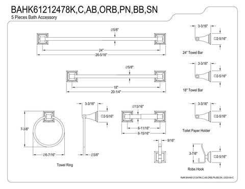 Technical diagram of Monarch 5 Piece Bath Accessory Set in Matte Black with 18 Inch and 24 Inch Towel Bars Towel Ring Robe Hook and Toilet Paper Holder for Classic Traditional Bathrooms