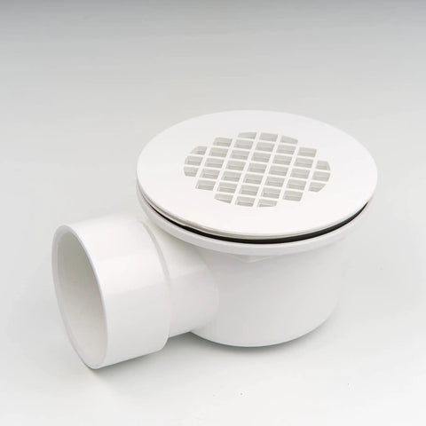 Low Profile Shower Base Drain With Perforated Strainer 1.5 Inch Side Outlet PVC Drain shown with top view and side outlet