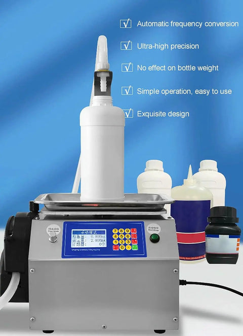 Heavy Duty Digital Liquid Filling Machine With Stainless Steel Housing Straight Up Hella Fast At 13 Liters Per Minute on display with a white bottle.