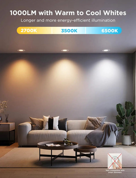 Slick Six Inch Smart Retrofit Recessed Can Lights With Wifi Direct Connect Pushing One Thousand Lumens Fully Dimmable in living space