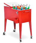 80 Quart Rolling Cooler Ice Chest with Wheels and Bottle Opener, red, filled with bottles, designed for outdoor parties and camping use.
