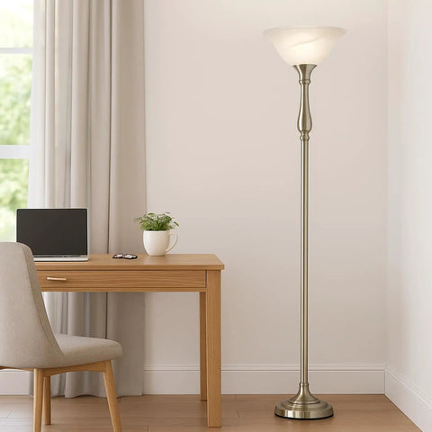 72 Inch Torchiere Floor Lamp With Brushed Nickel Finish And White Alabaster Glass Shade For Living Room Or Bedroom And Corner Lighting