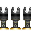 Runs Slick Pro Grade Titanium Coated Oscillating Tool Blades 3 Pack Universal 1.75 Inch for cutting wood, plastic and metal.