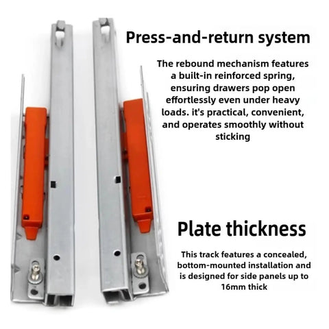 Heavy Duty Side Mounted Ball Bearing Drawer Slides Full Extension Push To Open Mechanism, 18 inch cold rolled steel with press-and-return system.