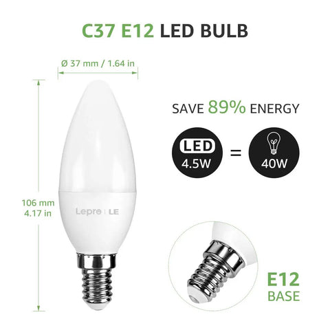 Smart LED E12 Candelabra Bulbs With Tunable White 2700K To 6500K, Dimmable Via App, Hands Free Voice Control With Alexa And Google Assistant, 2.4G WiFi No Hub Needed, Remote Control, 2 Pack shown with dimensions and features.