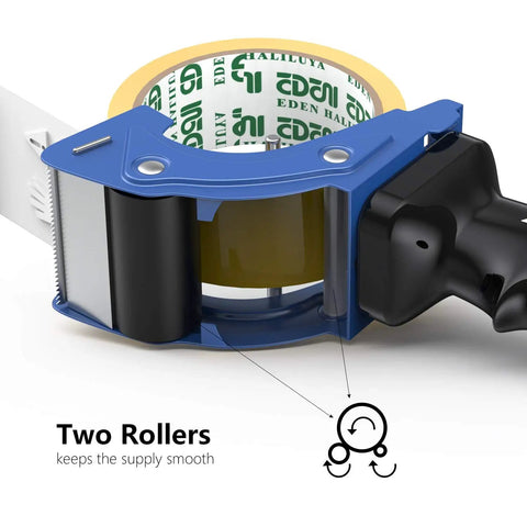 Kickass Two Inch Tape Gun Dispenser With Fast Reload Mechanism And Dual Rollers For No Sweat Packing Sealing Paired With A Built In Razor Sharp Cutter And Extra Blade Included