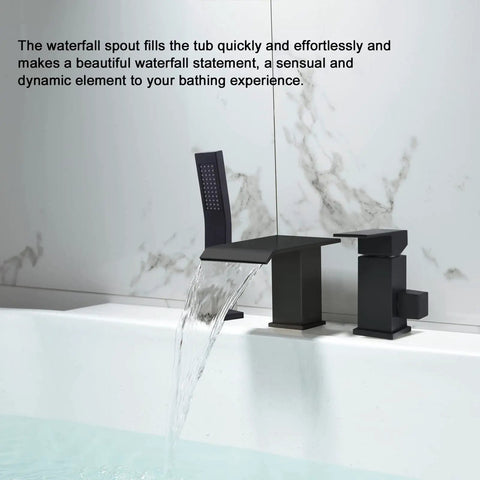 Roman Tub Faucet Deck Mount Waterfall Tub Faucet Matte Black With Hand Shower Sprayer Three Hole Set Includes Hot And Cold Hoses