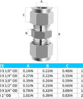 Compression tube union connector, 304 stainless steel, 1 in OD x 1 in OD, front view.