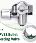 Image of BPV31 Bullet Piercing Valve showing zinc alloy needle valve for air conditioners and fridges. Close-up of universal tubing fit for one quarter inch, five sixteenths inch, and three eighths inch HVAC refrigeration accessory.