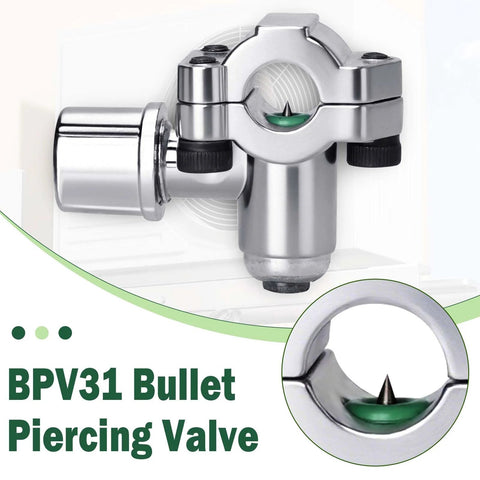 Image of BPV31 Bullet Piercing Valve showing zinc alloy needle valve for air conditioners and fridges. Close-up of universal tubing fit for one quarter inch, five sixteenths inch, and three eighths inch HVAC refrigeration accessory.