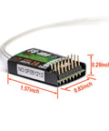 FS-iA6 6-Channel 2.4GHz RC Receiver with Dual Antennas, close-up showing dimensions and pin connectors for transmitters.