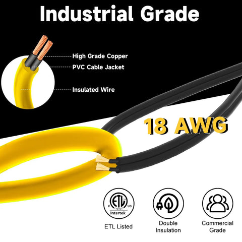 18 AWG wires with high-grade copper and PVC jacket for 50 Foot LED Construction String Lights 75W 7500LM Industrial Grade Work Lights