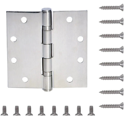Six Pack 4.5 Inch By 4.5 Inch Heavy Duty Stainless Steel Door Hinges With Ball Bearing, 3mm Thick, Square Corner, with screws