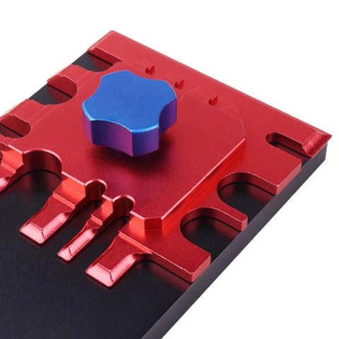 Close-up of Dope Precision Mini Photo Etched Parts Bender with red metal base and blue knob for model kits and miniatures