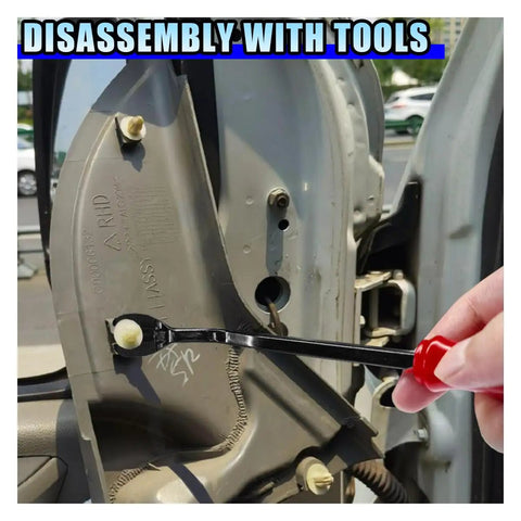 Using the remover tool from the 100 Piece Car Bumper Clip Kit With 6 Size Push Pin Fasteners And Remover Tool on a car door panel.