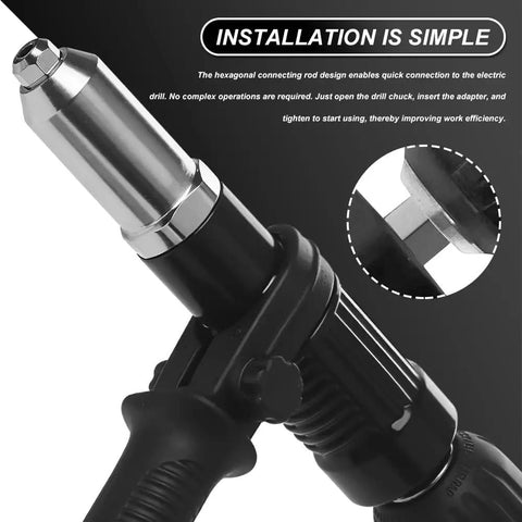 Rivet Gun Adapter Kit For Cordless Drill Riveter With 2.4mm 3.2mm 4.0mm 4.8mm Rivet Heads, close-up on hexagonal connecting rod