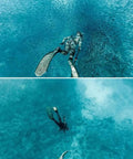 Diver wearing 5MM Neoprene Spearfishing Wetsuit With Hood, 2-Piece Camouflage Hunting Diving Suit With Loading Chest Pad For Cool Water Freediving, Snorkeling And Swimming, Silver, XL, surrounded by fish underwater.