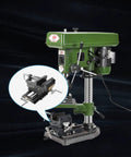 6 Inch Cross Slide Vise For Drill Press And Milling Portable Bench Clamp mounted on a green drill press with vise detail.