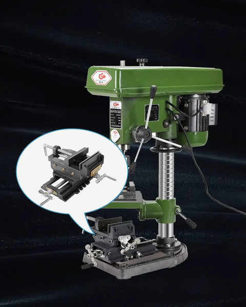 6 Inch Cross Slide Vise For Drill Press And Milling Portable Bench Clamp mounted on a green drill press with vise detail.