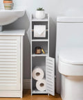Toilet Paper Holder Stand No Drill PVC Portable For Small Bathrooms In Apartments And Rentals with open cabinet shelves