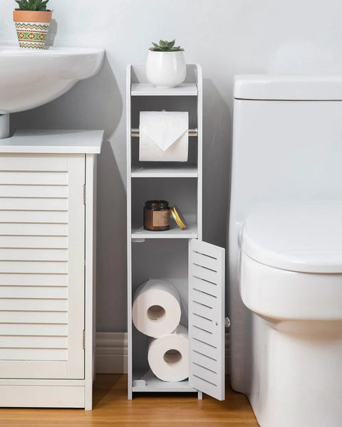 Toilet Paper Holder Stand No Drill PVC Portable For Small Bathrooms In Apartments And Rentals with open cabinet shelves