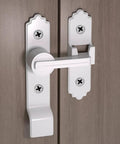 Two Pack 180 Degree Barn Door Lock With Handle, Heavy Duty Flip Gate Latch for Sliding Doors, shown installed on cabinet.