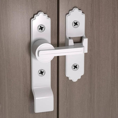 Two Pack 180 Degree Barn Door Lock With Handle, Heavy Duty Flip Gate Latch for Sliding Doors, shown installed on cabinet.