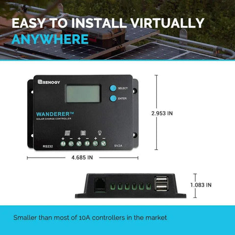 10 Amp 12V and 24V PWM Negative Ground Solar Charge Controller With LCD Display For AGM Gel Flooded And Lithium Batteries Wanderer 10A Smart 4 Stage Charging dimensions