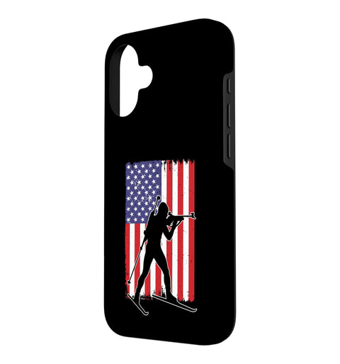 Dope Biathlon Themed iPhone 16 Case with USA flag, skier silhouette for men and women biathlon lovers, skiing humor winter sports gear