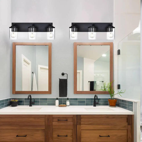 Modern 3 Light Vanity Light Fixture in Black With Clear Glass Shades for Bathroom Wall Over Mirror Rustic Farmhouse Sconce Lighting