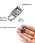 4 Pack Zipper Pull Tabs Replacement Metal Zipper Handles For Luggage Suitcases Jackets Backpacks Coats Boots Gunmetal Black And Gold Easy No Fuss Zip Repair Kit, individual zipper pull tab size comparison to hand, showcasing dimensions and zinc alloy material.