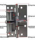 Two Pack 4 Inch Automatic Door Hinges Self Closing Heavy Duty Spring Hinges With 90 Degree Positioning Brushed Silver Finish Iron Construction And Built In Door Stopper For Home Office, showing hinge parts labeled.