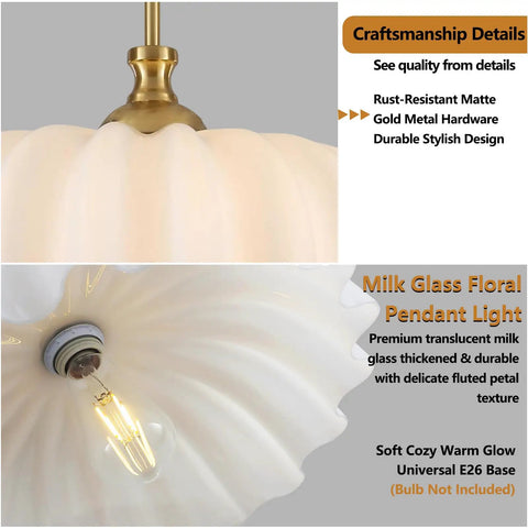 Zobawlks Pendant Lights Kitchen Island: Mid-Century Hanging Light with gold hardware and milk glass floral shade detail.