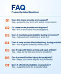 FAQ image about ankle compression sleeve benefits and support features for ankle stability and pain relief.