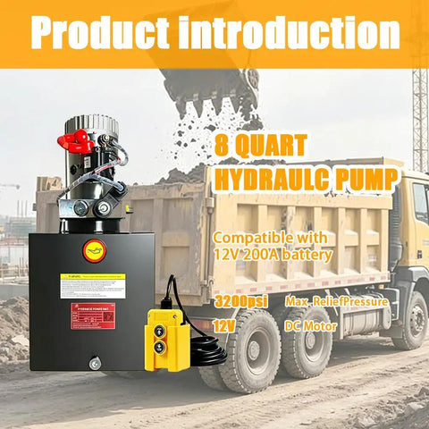 Beefy 8 Quart Hydraulic Power Unit With 12V DC Motor single acting pump, 3200 PSI relief, SAE 6 port, shown near dump trailer