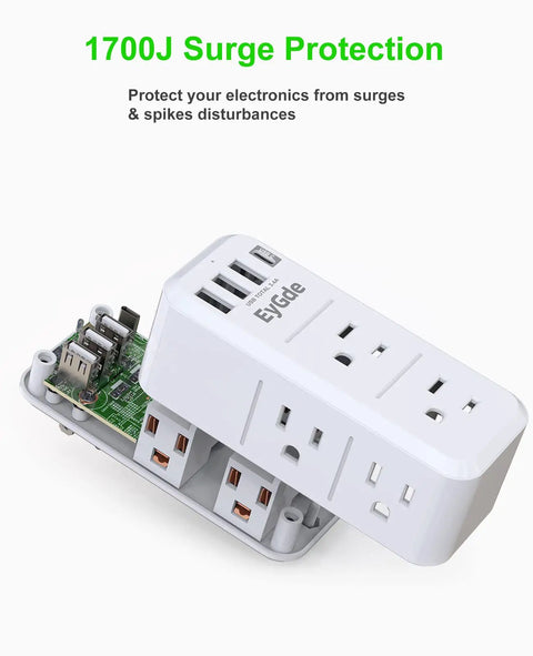 Open view of Transforms One Outlet Into Six With Rotating Plug And USB Ports 1700J Surge Protector Four USB Charging Ports Including USB C Three Side Swivel Sockets Space Saving Home Office Travel Adapter showing internal circuit board and USB ports.