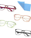 Kickass 4 Pack Clear Safety Glasses With Anti Fog Lens Guard Scratch Resistant Build And Full Wrap Side Shields For Nurses Lab Techs And Outdoor Enthusiasts, four eyewear colors and cleaning cloth.