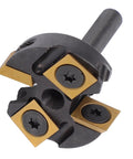 Heavy Duty Slab Flattening Router Bit With 1/4 Inch Shank And Tungsten Carbide Inserts For Woodworking Surfaces, close-up view.