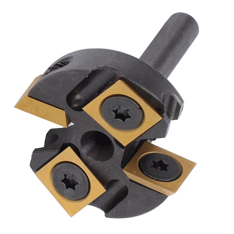 Heavy Duty Slab Flattening Router Bit With 1/4 Inch Shank And Tungsten Carbide Inserts For Woodworking Surfaces, close-up view.