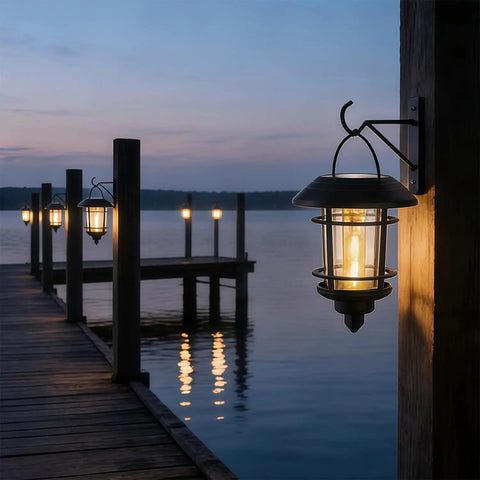 2 Pack Solar Lanterns For Outdoor Spaces With Wall Mount And Hanging Options, Warm White Edison Bulb Lights by a lake