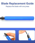 Instruction guide for blade replacement with Pro Grade Deburring Tool Set With 10 High Speed Steel Replaceable Blades And A Blue Matte Aluminum Handle