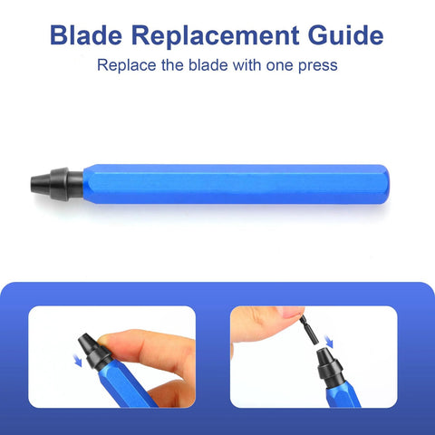 Instruction guide for blade replacement with Pro Grade Deburring Tool Set With 10 High Speed Steel Replaceable Blades And A Blue Matte Aluminum Handle