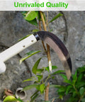 Carbon Steel Grass Sickle For Easy Weeding And Harvesting with 15-inch blade cutting plant, lightweight wooden handle visible