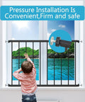 Extra Wide Window Safety Gate For Kids And Pets Tension Mount No Drilling Kidproof Pet Friendly Safe Home Barrier Fits 61.41 To 86.60 Inches Black 3 Piece Setup Easy Use installed on a window with a child nearby.