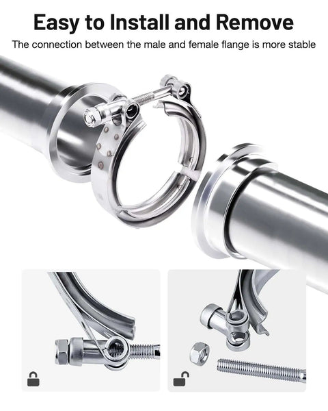 4 Pack V Band Clamp With Flange 2.75 Inch 304 Stainless Steel Set for Easy Install on Exhaust Piping, close-up of clamps and flanges