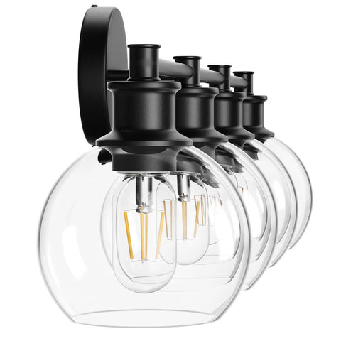 Angle view of Four Light Matte Black Industrial Vanity Light Fixture Over Mirror With Clear Glass Globes, Farmhouse Bath Light