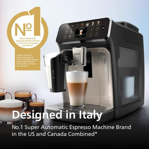 Fully Automatic Espresso Machine With 12 Hot And Iced Coffee Picks Straight Up Home Barista Game Changer Featuring Silent Brew Tech Auto Milk Foam And Ceramic Grinder For Smooth Daily Sips In Glossy Black Chrome on kitchen counter with coffee drinks